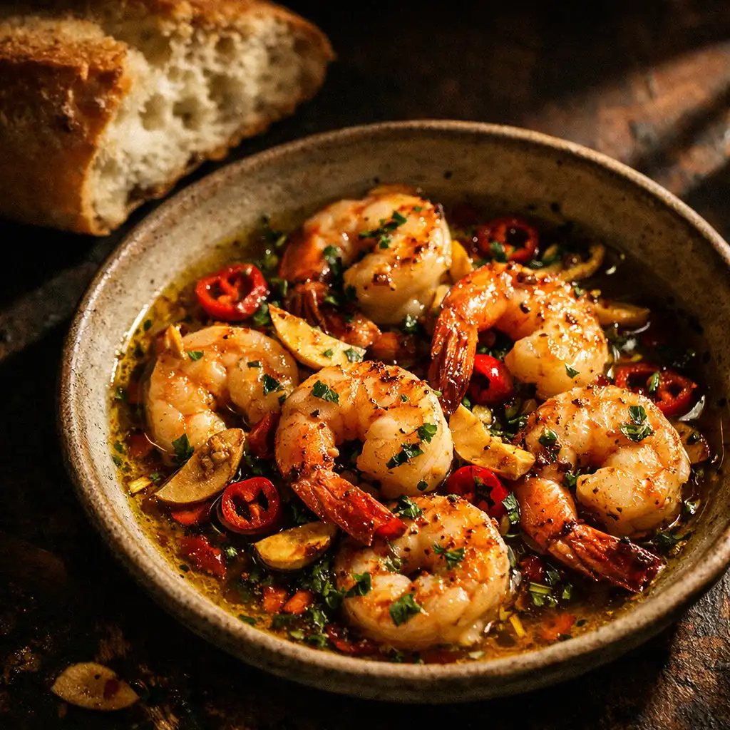 Krevety restované na česneku a chilli s křupavou bagetou