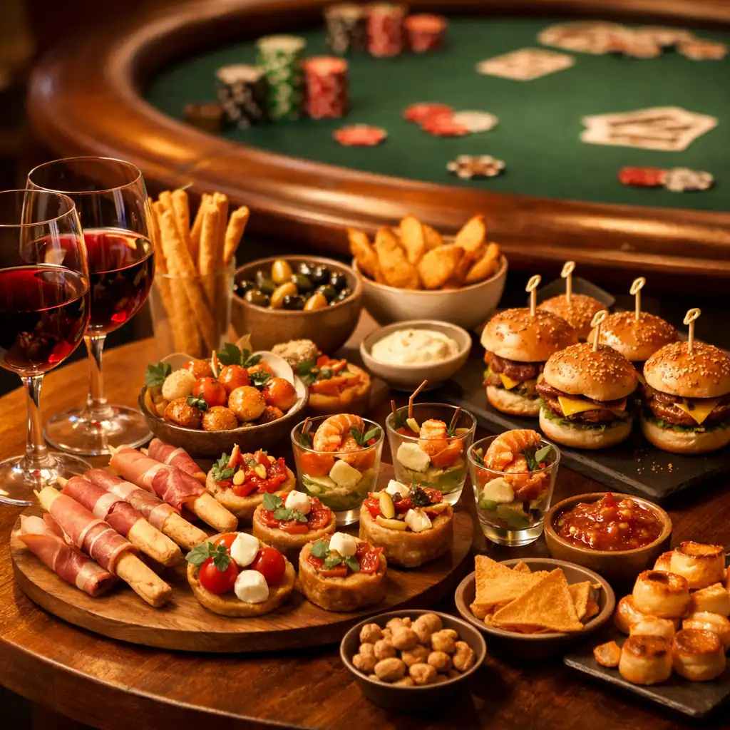 Stylové občerstvení a nápoje připravené pro pokerový večírek