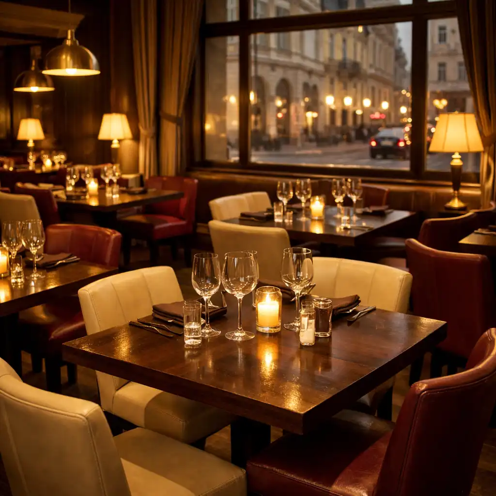 Hlavní jídelna restaurace Savory Stol s tmavými ořechovými stoly, koženými židlemi a teplým osvětlením