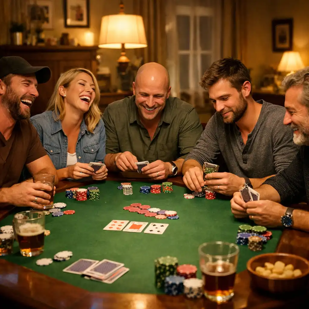 Skupina lidí hrajících poker u stolu, smích a soustředění, teplé osvětlení