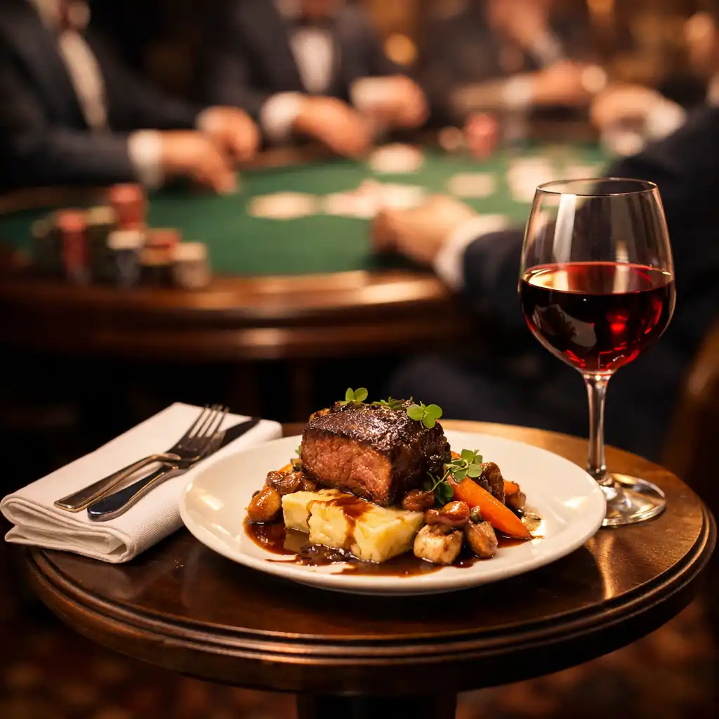 Elegantně prostřený stolek s gurmánským pokrmem a sklenicí červeného vína vedle pokerového stolu