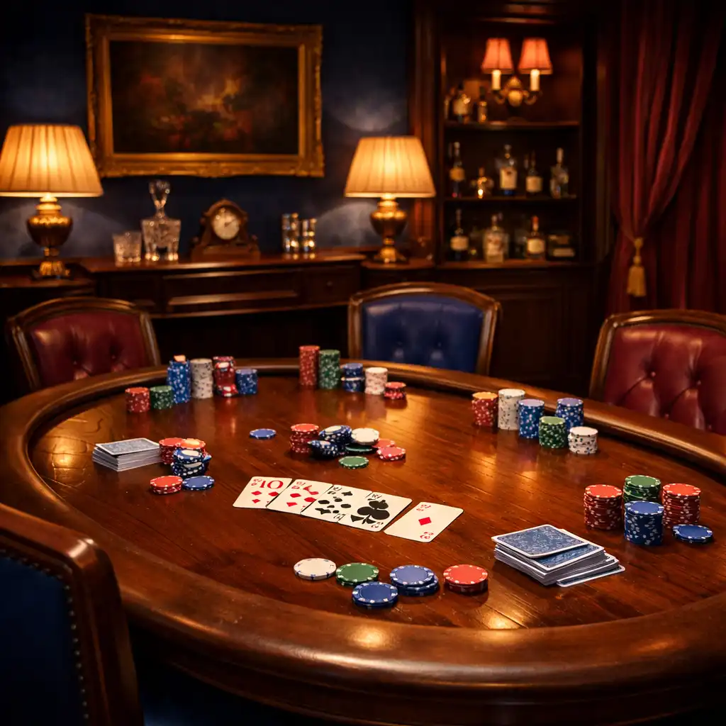 Elegantní pokerový stůl s žetony a kartami v salonku Savory Stol