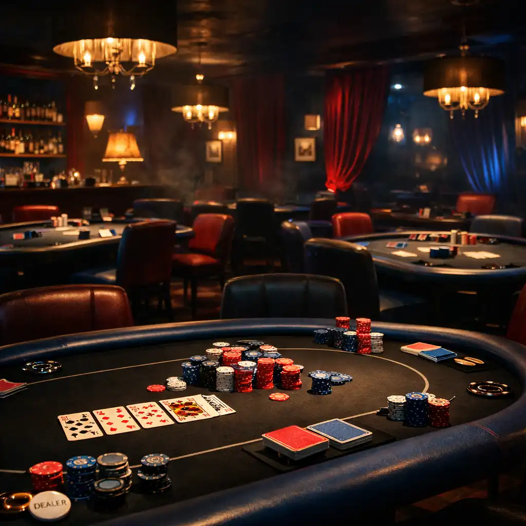 Pokerový salonek s profesionálními stoly, žetony a kartami