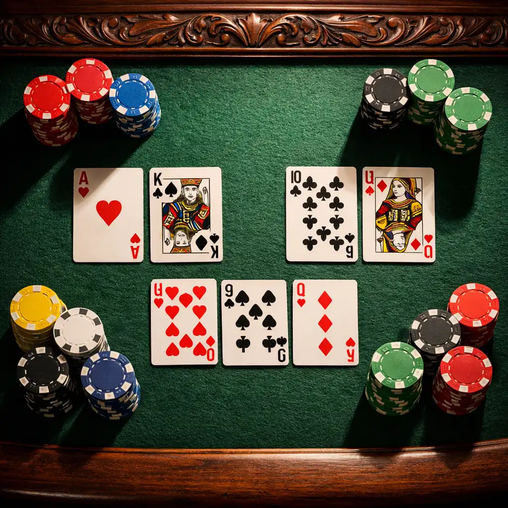 Detail pokerového stolu s rozloženými kartami a hromádkami hracích žetonů