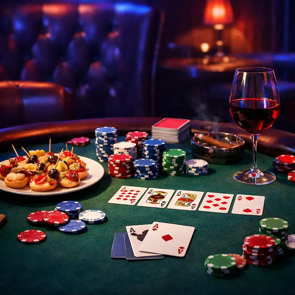 Pokerový stůl s žetony, kartami a talířem s malými chuťovkami