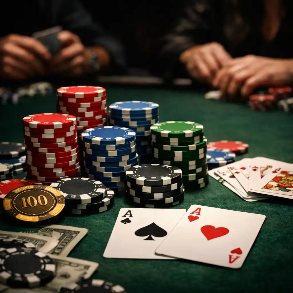 Detail pokerového stolu s žetony a kartami, dramatické osvětlení
