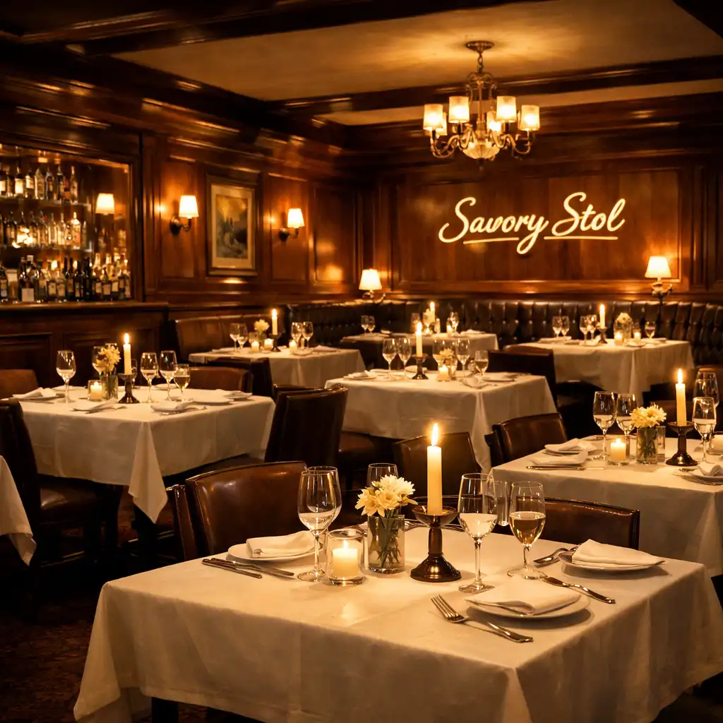 Interiér restaurace Savory Stol s elegantními stoly a svíčkami