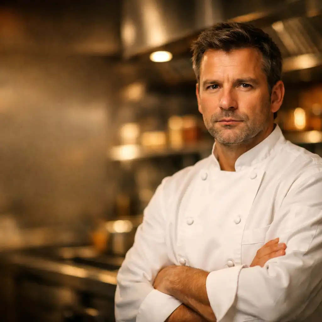 Šéfkuchař Jan Novák v elegantní kuchyni restaurace Savory Stol