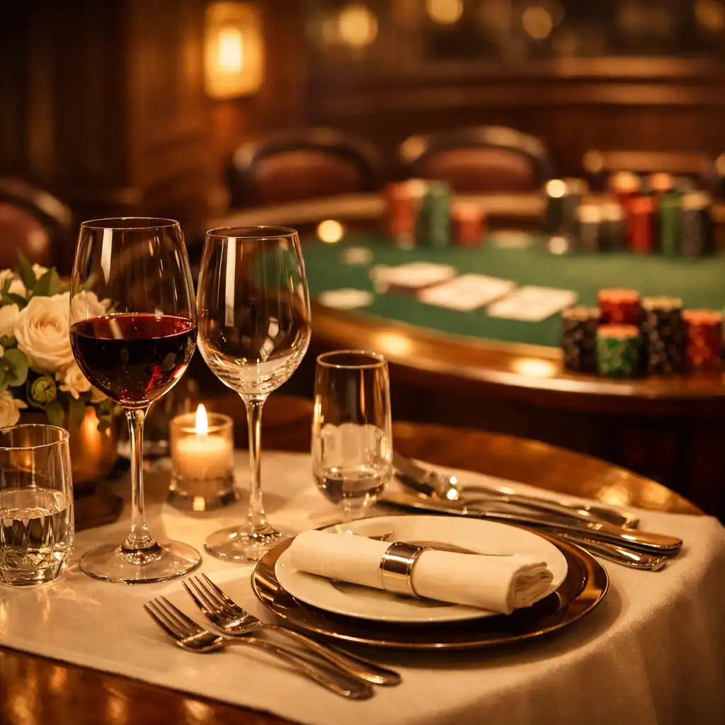 Elegantně prostřený stůl v restauraci Savory Stol s teplým osvětlením a náznakem pokerového stolu v pozadí
