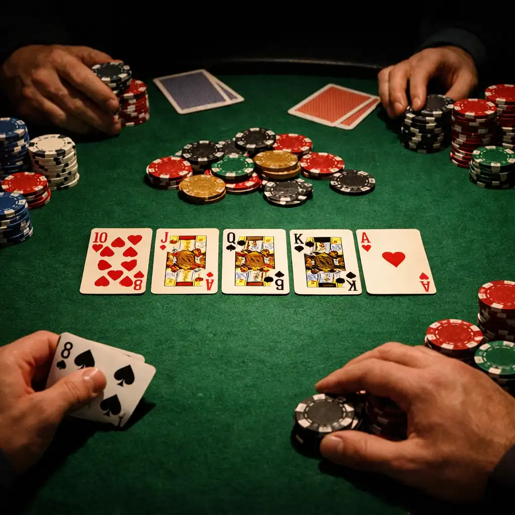 Pokerový stůl v lounge Savory Stol s rozdanými kartami a žetony